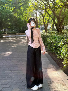 Retro Deep Blue Womens Jeans High Waist Loose Drapey Design Spring Straight Leg Floor-Length Wide Leg Pants Slimming Effect