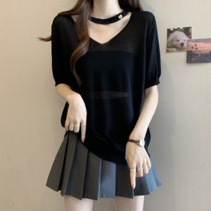 Purple V-Neck Hanging-Neckline Ice Silk Short Sleeve T-Shirt Plus Size