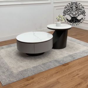 Bàn trà sofa bàn phòng khách bàn cafe nội thất nhập khẩu mẫu bàn đôi hộp tủ vân gỗ mặt tròn ceramic chân sắt đen