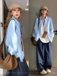 New 2025 Blue Long Sleeve Womens Shirt Inner Wear Layering Casual Style Loose Fit Cotton Polo Collar Spring Summer Top