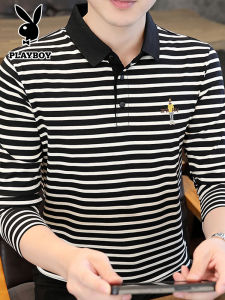 Playboy Stripes Long Sleeves T-Shirt Men Spring & Fall Bottoming Shirt Outwear Lapel Casual Easy Matching Clothes Mens Clothing