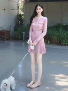 CHANGTONG | Elegant Pink Knitted A-line Dress