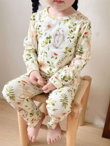 Uubabe Pure Cotton Long Sleeve Childrens Home Clothes Set for Boys And Girls Autumn Thermal Underwear Breathable Sleepwear