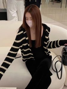 Womens Knitted Hooded Striped Open Cardigan Sweater Casual Top Coat Autumn Winter New Style Korean Version Nylon Fabric Long Sleeve V-Neck