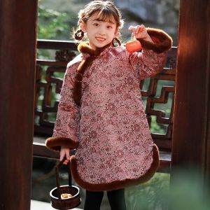Childrens Winter Cotton Peking Opera Costume Girls New Year Visit Traditional Cheongsam Dress Hanfu Long Sleeve Floral Skirt