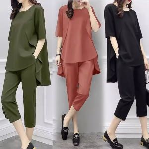 Fashionable Loose Slimming Korean Style Womens Spring Summer 2024 Two-Piece Set Short Sleeve Top Casual Seven-Length Pants