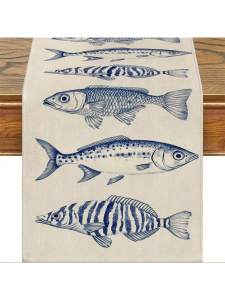 1 Piece Ocean-Themed Tablecloth with Vibrant Sea Fish Patterns - Blue and White Striped Fish Design Perfect for Beach Parties