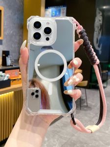 Korean Style Mirror Protection Case for  16promax Wireless Charging Compatible Handheld Rope Makeup Mirror Phone Case