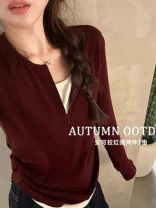 Ankela Red Early Autumn Womens Slim Fit V-Neck T-Shirt Fake Two-Piece Base Shirt Korean Style Long Sleeve Pure Color Commute
