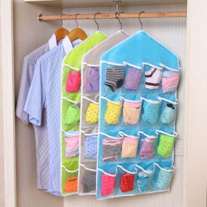 Transparent Hanging Storage Bag for Underwear 16 Compartments Wardrobe Organizer Wall Mounted Dormitory Closet Storage Bag