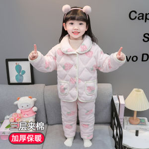 Kids Pajamas Coral Fleece Winter Thickened Girl Three-Layer Quilted Fleece-lined Heattech Baby Girl Loungewear Suit