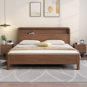 Night Light Wooden Bed with Storage and Soft Cushion