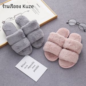 K-style Fluffy Slippers Home Two Open Toe Outdoor Fur Slippers Fluffy Slippers Female Flats Cotton Slippers Non Slip Womens Warm Shoes