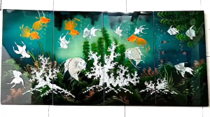 Bộ Tranh sơn mài khảm cừ 4 tấm QUẦN NGƯ HỘI TỤ size 80x160 cm hàng cao cấp dày dặn xuất khẩu