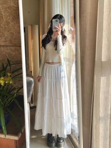High Waist Brandy Girl A-Line Skirt Long Dress in White Pure Color Ruched Design for Women Ideal for 18-24 Birthday Party