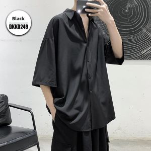 Gradient Short Sleeve Shirt Mens Summer Thin Loose 3/4 Sleeve Shirt Ice Silk Fancy Handsome Shirt Outwear