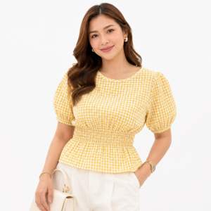 MjBella Fashion/ Olga Gingham Puff Sleeve Blouse | Women’s Peplum Top | Round Neck & Tie Front | Smocked Waist