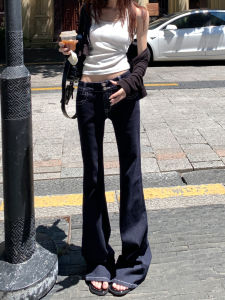 Retro American Deep Blue Bell Bottom Jeans Womens 2025 New Style Slimming Casual Bell Pants Cotton Blend Stretch Denim