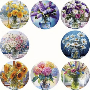 8-piece set of flower themed wooden coasters round and durable composite wooden coasters for desktop protection