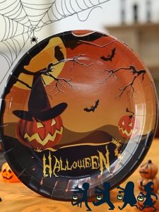 Halloween Disposable Cutlery Pumpkin Themed Paper Cup Plate Pull Flag Banner Cutlery 2026 Halloween Party Decorations