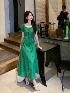 Green Embroidered Hollow out Dress Korean Style High Waist Bubble Sleeve Long A-Line Summer Fashion plus Size Womens Dress