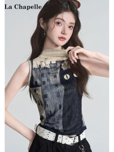 La Chapelle | Vintage Half-Neck Sleeveless Cats Print Fitted Short Top Vest
