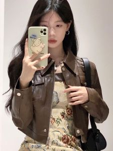 Caramel-Colored Short Biker Jacket Womens Fashion 2023 Autumn Season American Style High-End Sensation Leather Coat Top