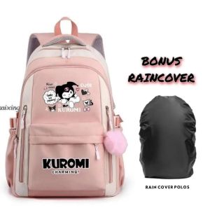 Tas sekolah anak perempuan remaja kuroomi gratis raincover dan gantungan pompom tas sekolah SD SMP tas ransel