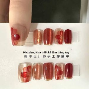 Bộ Móng Tay Giả Đính Đá Mắt Mèo Hoa Trà Hồng Với Mảnh Hoa Vàng Dễ Thương Thủ Công Dán Móng Giả Có Thể Tháo Rời Dùng Cho Văn Phòng Size XS