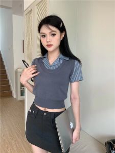 ชิค เสื้อเชิ้ตลายทาง เสื้อกั๊ก ผู้หญิง ฤดูร้อน แขนสั้นบาง เสื้อท่อนบน โพลีเอสเตอร์ Fiber Straight Cut สไตล์เกาหลี แฟชั่นการเดินทางสํานักงาน