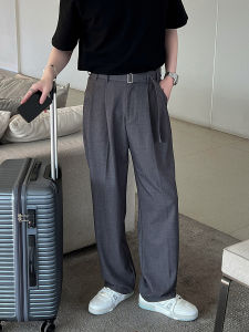 กางเกงขายาวทรงหลวมสไตล์เกาหลีสำหรับผู้ชาย สีเทา ดีไซน์เข็มขัด กางเกงขายาวผ้าไหมน้ำแข็ง กางเกงขายาวทรงหลวม สไตล์ลำลอง