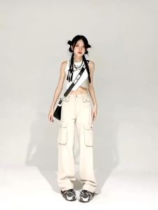 Cargo Denim Pasir Putih Highwaist Loose Celana Kargo Jeans Wanita Korea (realpict)