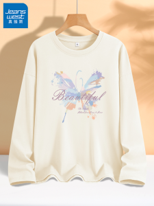 Jeanswest Pure Cotton Long Sleeve T-Shirt Womens Spring Autumn Thin Loose Base Shirt Top Print Casual Comfortable Cotton Tee