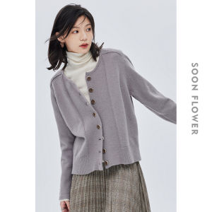 Idle Style Single-Breasted Stretch Knit Crew Neck Fancy Gray Loose Long Sleeve Sweater Cardigan Coat Top for Women