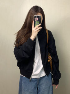 Black Sweatshirt Jacket Womens Short American Retro Style Stand Collar Cardigan Top for Autumn plus Size Comfortable Fit