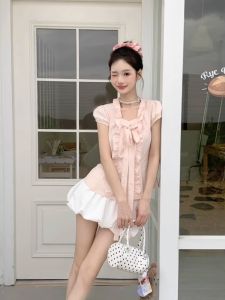 French Sweet Pink Ruffle Butterfly Knot Short Sleeve Bubble Sleeve Slimming Shirt Summer Breathable Korean Style Womens Blouse