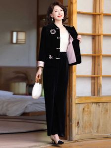 Wide Lady Gold Velvet Suit Womens Autumn and Winter Loose Ladieswear Classy Womens Western Style Top Two-Piece Pants Dress