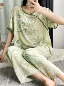 New Chinese Style Loose Fit Short Sleeve Cotton Silk Sleepwear Set for Women Thin Lightweight Artificial Cotton Home Clothes