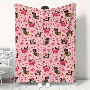 VIKAMA Valentines Day Flannel Sausage Dog Love Blanket Warm Dog Cartoon Bedroom Sofa Blanket Valentines Day Gift