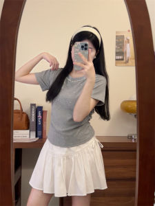 Lace Butterfly Knot Design Short Sleeve T-Shirt Womens Summer Slim Fit Cute Style Cotton Blend Top round Neck Short Length