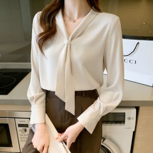 Professional V-Neck Long Sleeve Chiffon Work Shirt Womens Spring Autumn Tailored Blouse Hong Kong Style Loose Fit Breathable