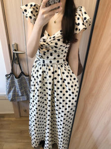 Shalldoer | Korean Sweet Polka Dot Waist Accentuating Slim Fit Dress
