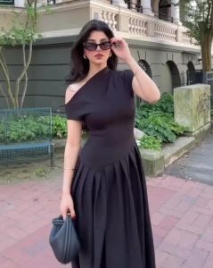 New in Summer Lady Pleated Maxi Dress Chic Elegant Black Half-turtleneck Short Sleeve High Waist Dresses Office Street Robes