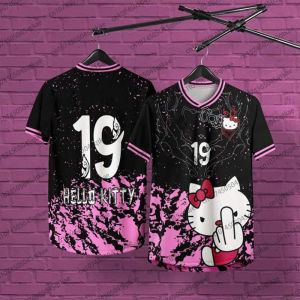 Summer Fashion Women Clothing Hello Kitty V-neck Football Jersey Casual Sport Short Sleeve  Harajuku Loose Tshirt Streetwear Top