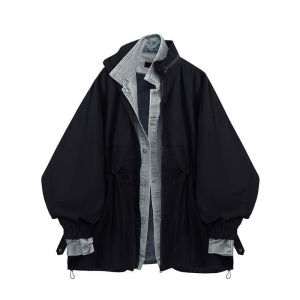 แจ็คเก็ตยีนส์ทรงโอเวอร์ไซส์สำหรับผู้ชายและผู้หญิง ทรงหลวม แขนยาว ปกติ ฤดูใบไม้ร่วง/ฤดูหนาว แจ็คเก็ตแบบสวมหัวสองชิ้นปลอม