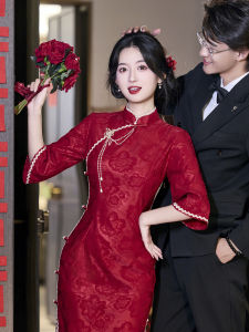 Elegant Rose New Chinese Style Artistic Retro Wedding Dress for Girls Cheongsam Custom-Made Engagement Low Slit Midi Dress