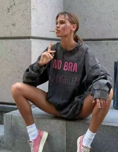 Street Style Loose Fit Printed T-Shirt Vintage Look Versatile Top Cotton Long Sleeve round Neck Mid-Length Autumn Wear