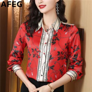 AFEG new Korean version shirt collar fashionable loose all match temperament silk chain rose print long sleeve blouse
