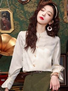 Elegant Long Sleeve Acetate Satin Shirt Womens Spring Fashion 2025 New Unique Design High-End Feel Chinese Style Button up Top