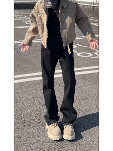 กางเกงยีนส์ทรงตรงสีดำบริสุทธิ์สำหรับผู้ชาย กางเกงขายาวทรงหลวมสบาย ๆ ทรงหลวม กางเกงขายาวทรงเข้ารูปสไตล์ฮิปฮอปสไตล์อเมริกัน